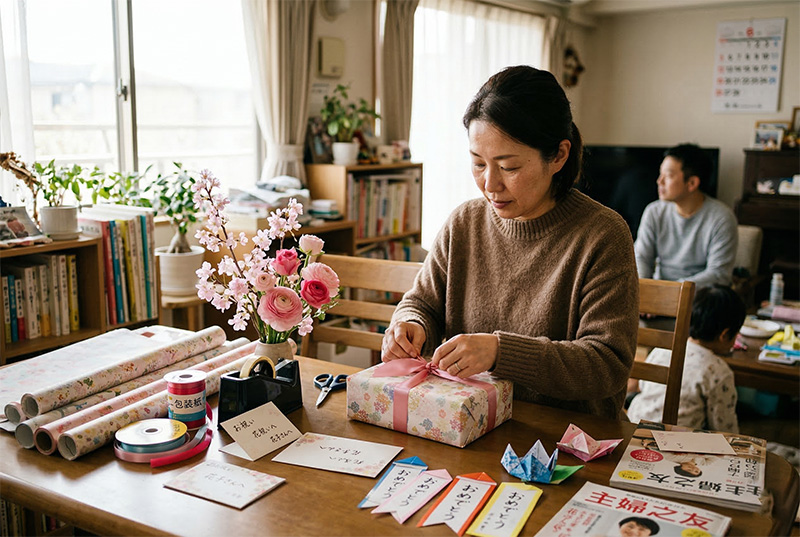 百寿祝いの贈り物をダイニングテーブルでラッピングしている女性