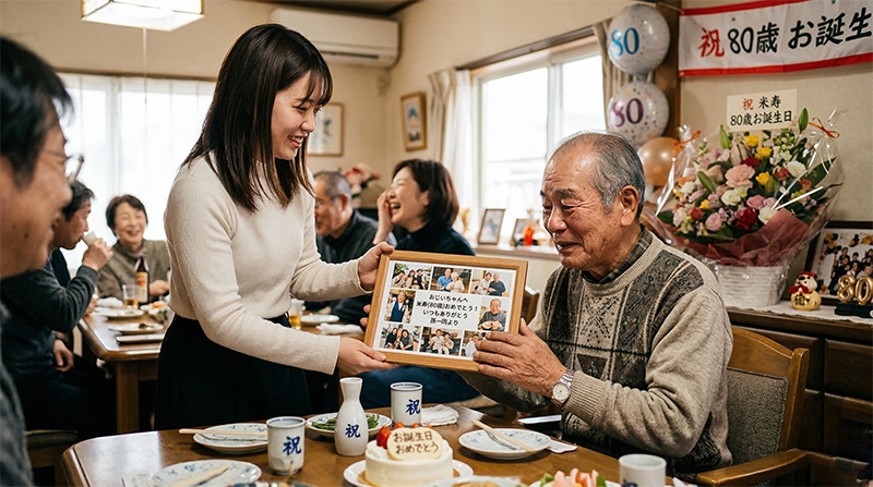 傘寿祝いの席で孫から額入りギフトを受け取り感動する80歳男性