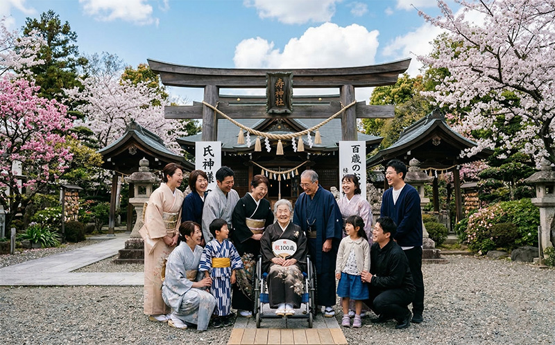 神社の前で正装と着物姿の大家族が100歳を囲む集合写真