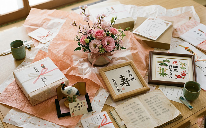 百寿祝いのギフトを俯瞰で撮影した額縁と花束と祝儀袋