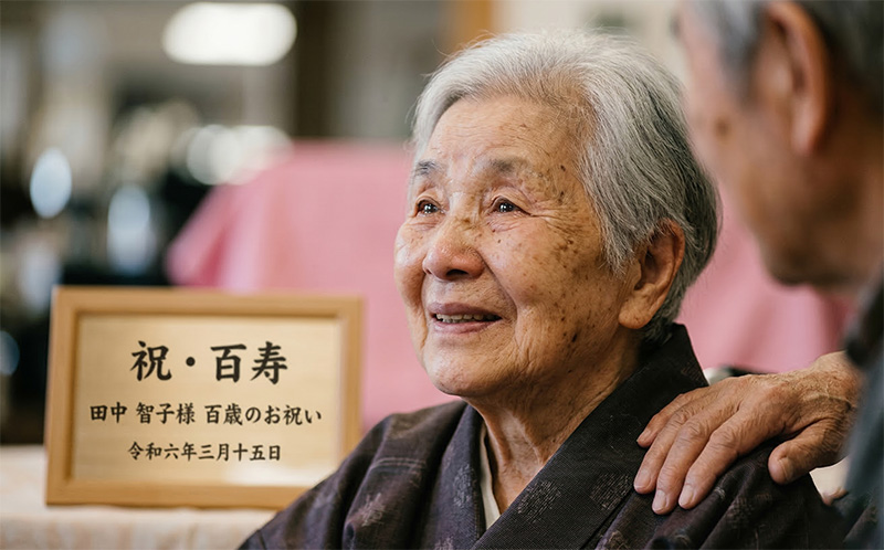 百寿祝いの席で感動の涙を浮かべる100歳女性のポートレート