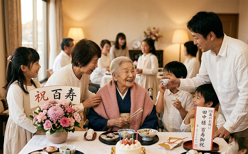 百寿祝いのプレゼントを囲む100歳の主役と家族