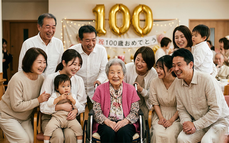 車椅子の100歳女性を囲む白とベージュの服装の家族と100のバルーン