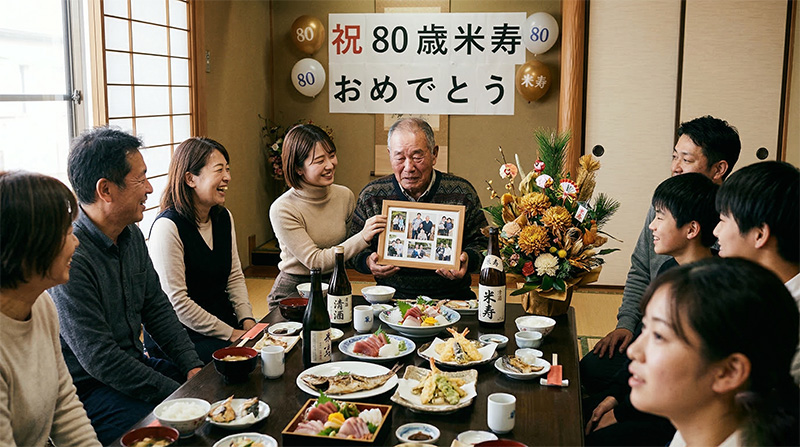 傘寿祝いの食事会で家族と食卓を囲む三世代の家族