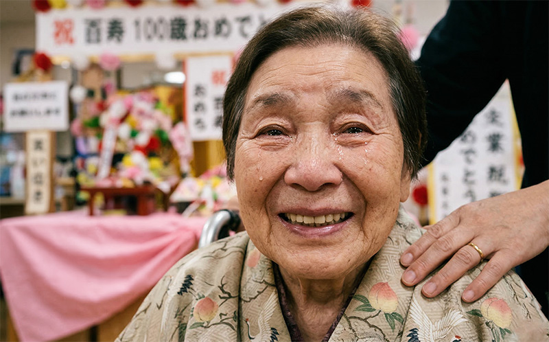 百寿祝いの席で感動の涙を浮かべる100歳女性のポートレート