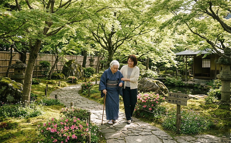 日本庭園の石畳を杖をつきながら散歩する高齢女性と付き添う娘