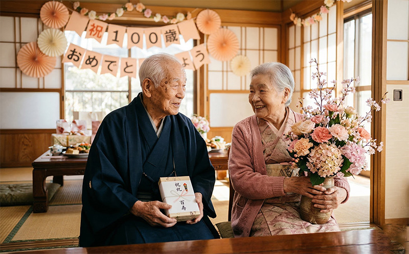 和室で百寿祝いのギフトを持つ祖父とピンクの花束を抱える祖母