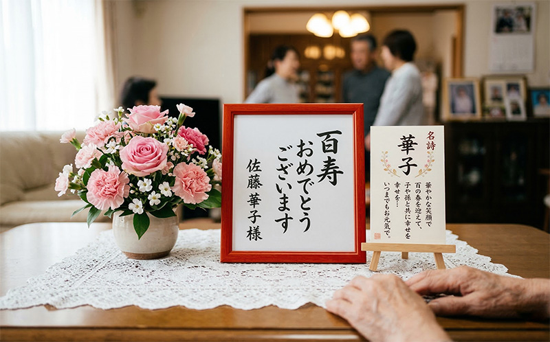 百寿祝いのピンクの花と額縁ギフトと名前の詩