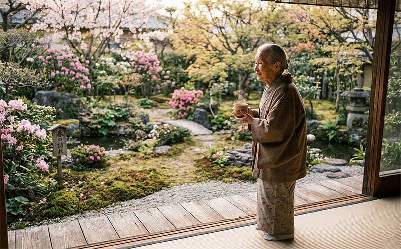 縁側から庭園を眺めてお茶を持つ高齢女性の穏やかなひととき