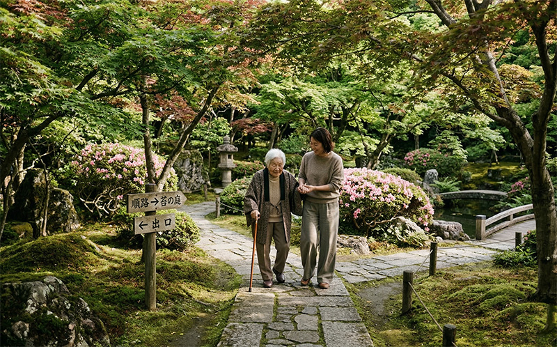 紅葉の日本庭園を杖をつきながら散歩する高齢女性と付き添う娘