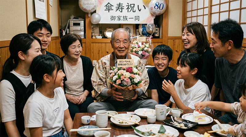 傘寿祝いの食事会後に三世代の家族で撮った記念写真