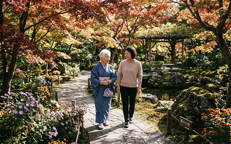 紅葉の日本庭園を散歩する着物姿の高齢女性と家族