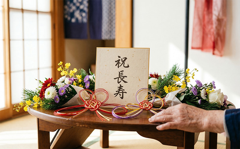 「祝長寿」と書かれたカードと花束の傘寿祝いの飾り
