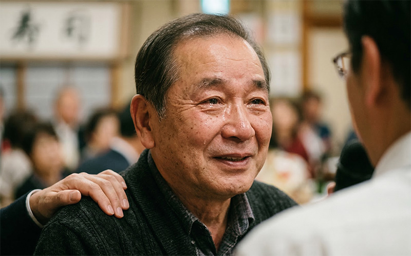 お祝いの席で感動して涙ぐむ80代男性のポートレート