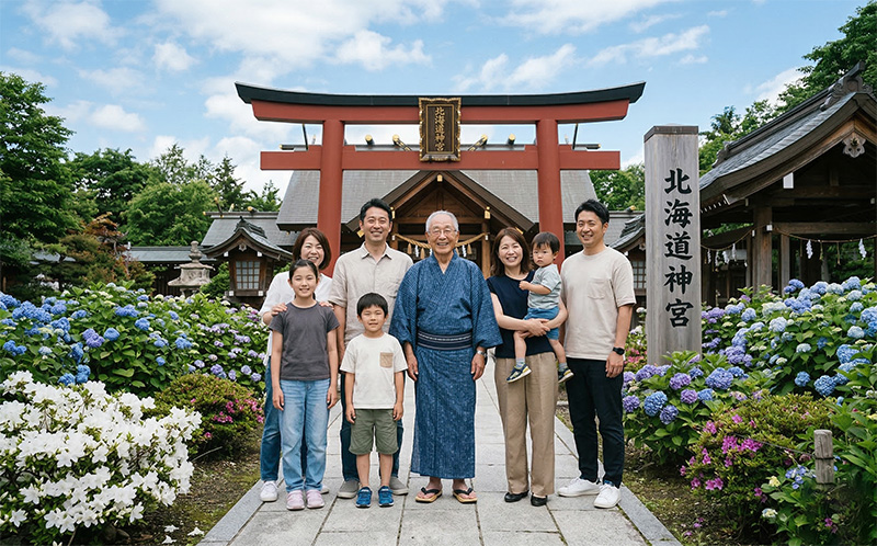神社の鳥居前で撮影した傘寿祝いの三世代家族の集合写真