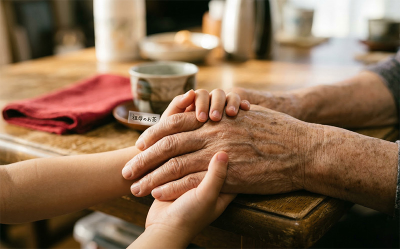 お祝いの席で祖父の手を優しく握る孫の手