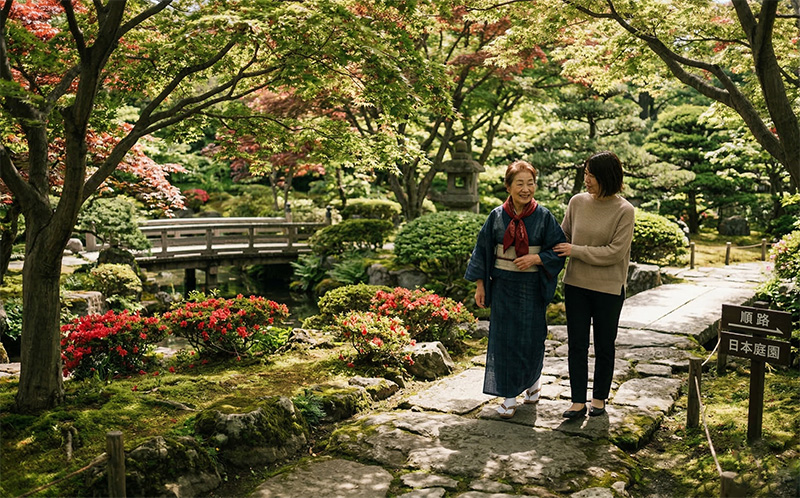 日本庭園の石畳を歩く80代の女性と娘