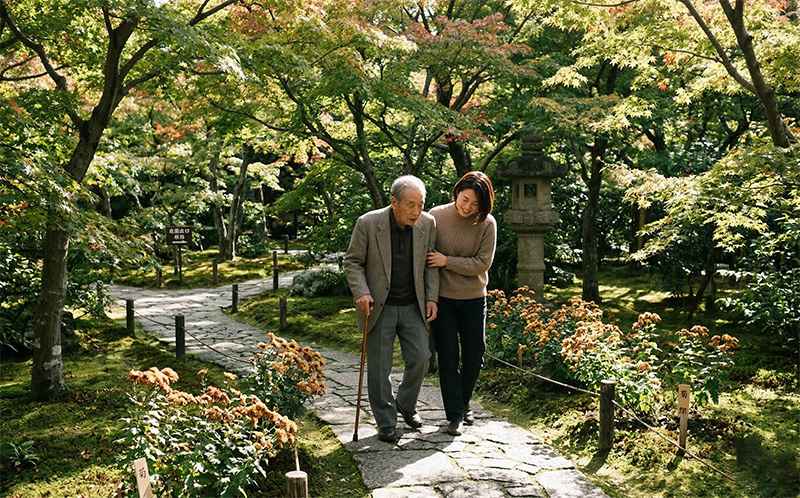日本庭園の石畳を杖をついて散歩する高齢男性と寄り添う女性