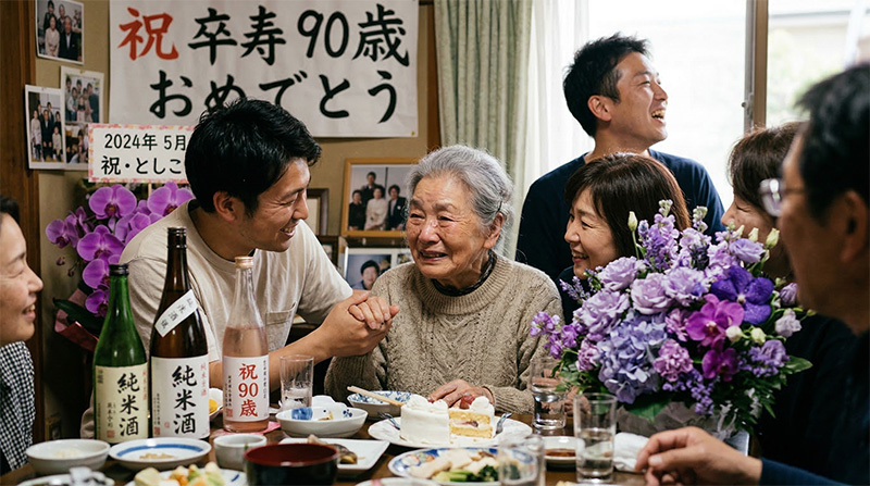 卒寿祝いで家族に囲まれて笑顔の90歳男性