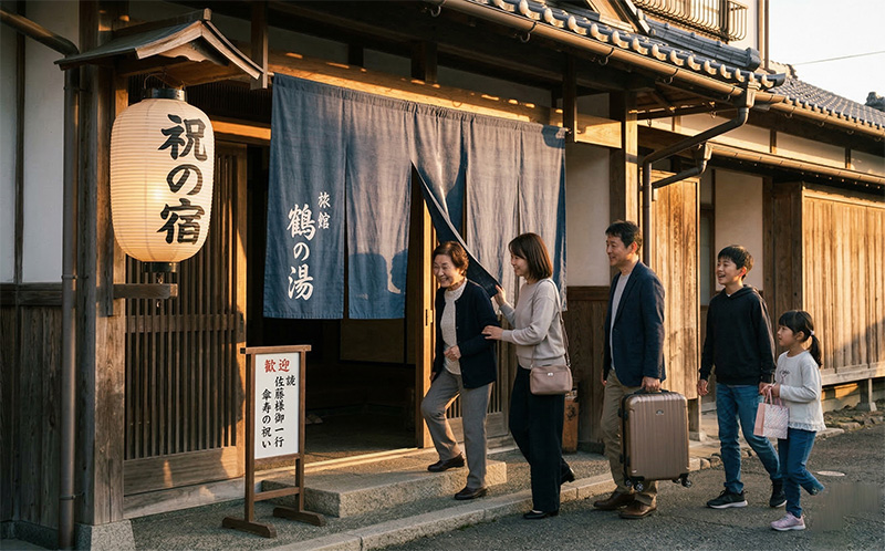 「傘寿のお祝い」看板がある旅館に到着する三世代家族