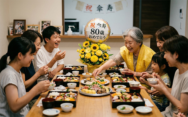 「祝 傘寿 80歳」バルーンと家族の自宅お祝い食事会