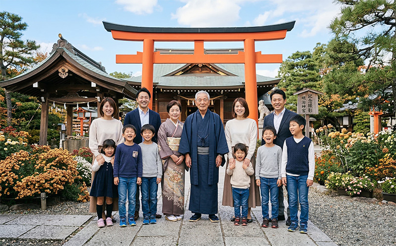 神社の鳥居前で撮影した卒寿祝いの大家族集合写真