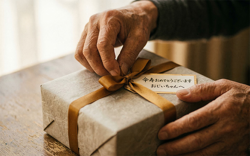 傘寿おめでとうのタグ付きプレゼントを開ける高齢者の手元