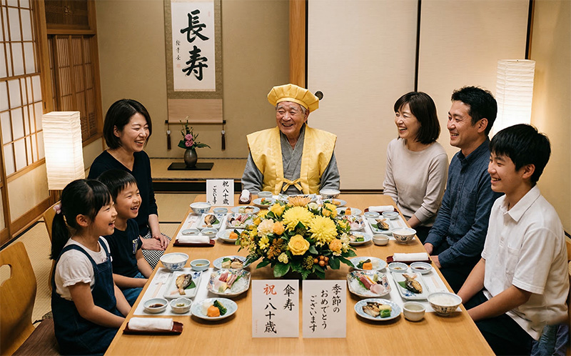 畳の座敷で黄色いちゃんちゃんこを着た傘寿の主役と家族の食事会