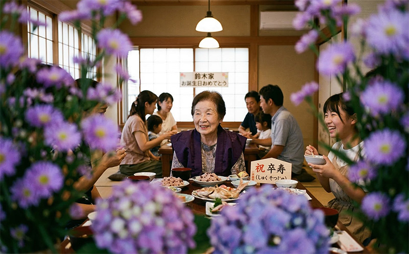 紫の花越しに撮影した卒寿祝いの食事会と笑顔の高齢女性