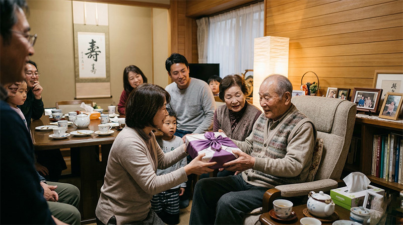 卒寿祝いの介護施設で家族の訪問を受ける高齢女性