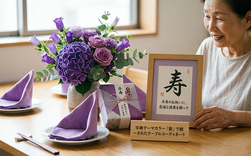 卒寿テーマカラーの紫で統一されたテーブルコーディネート