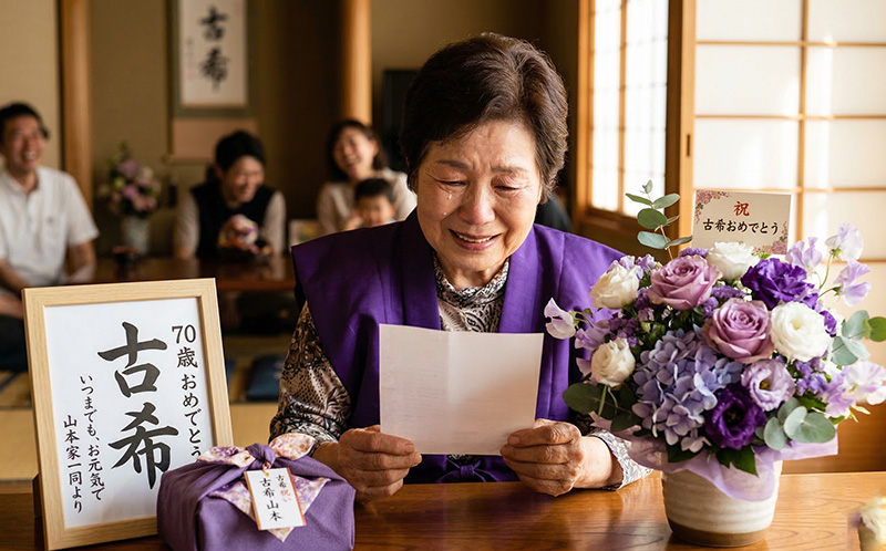 古希祝いの手紙を読んで涙ぐむ70歳女性と紫の花束・額入りギフト