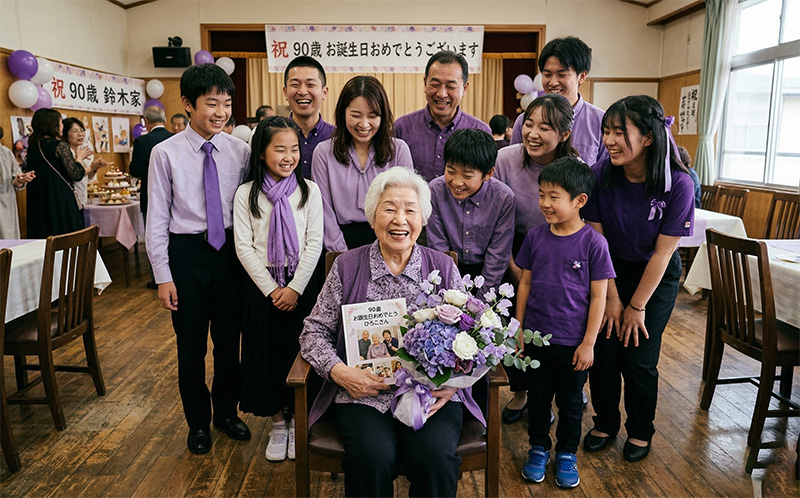 卒寿祝いで紫の服を着た家族に囲まれた90歳女性の集合写真