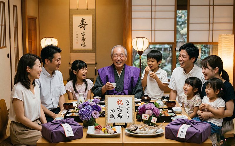 紫のちゃんちゃんこを着た70歳男性と家族の古希祝い食事会