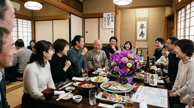 卒寿祝いの食事会で孫娘からプレゼントを受け取る90歳男性