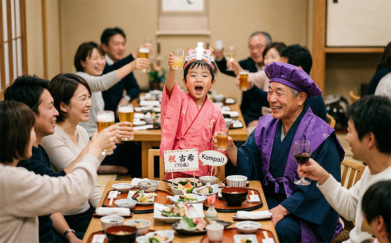 古希祝いで孫がジュースグラスを掲げて乾杯する微笑ましい場面