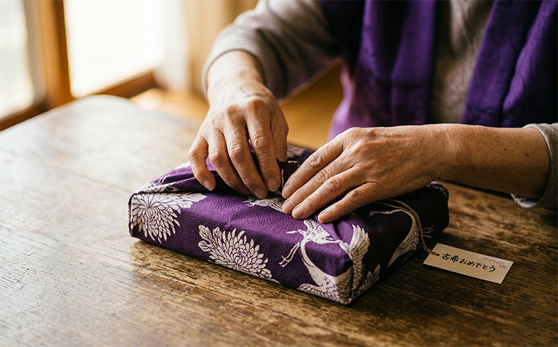 古希祝いの紫の風呂敷でギフトを丁寧に包む手元
