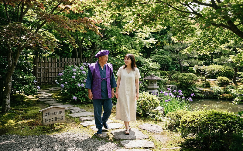 紫のちゃんちゃんこと頭巾を着けた70歳男性が日本庭園を散歩する様子