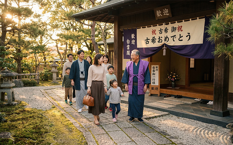「古希おめでとう」のバナーが掲げられた旅館に到着する三世代家族