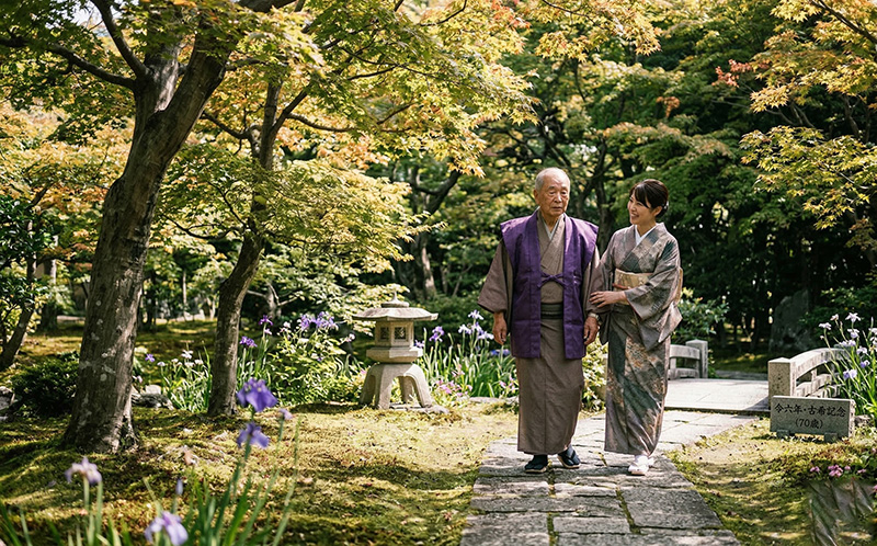 紫の着物の高齢男性と女性が日本庭園の石畳を散歩する様子