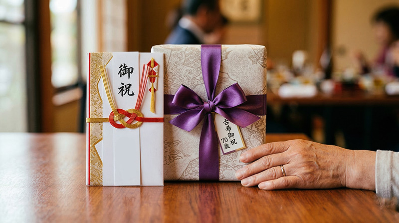 古希御祝の祝儀袋と紫リボンのギフトが並ぶテーブル