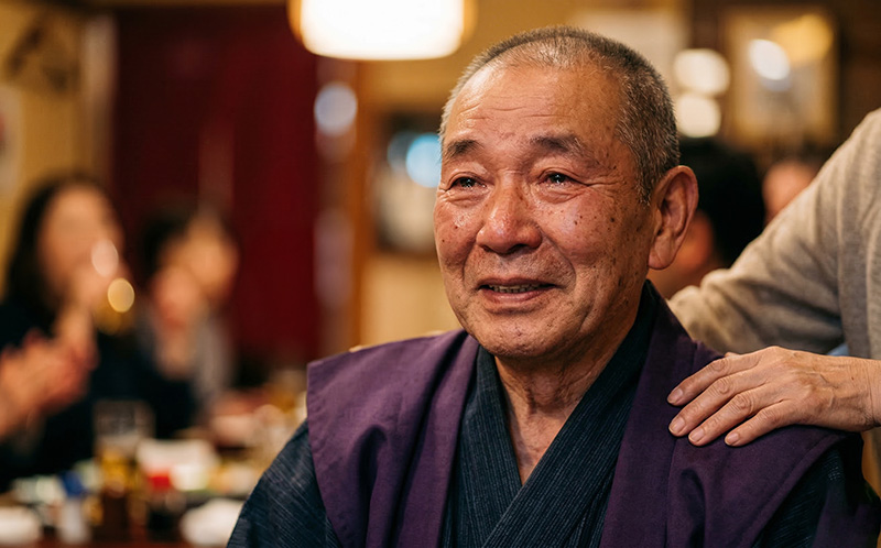 お祝いの席で感動の涙を浮かべる高齢男性のポートレート