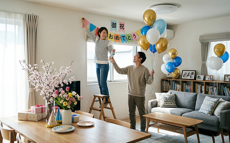 お祝いパーティーの飾り付けでバナーとバルーンを準備する若い夫婦