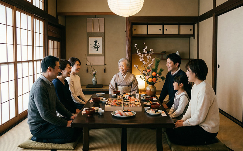 畳の和室で家族に囲まれてお祝いの食事を楽しむ高齢女性
