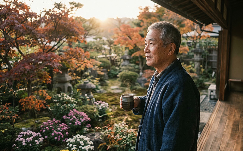 縁側でお茶を持ちながら秋の庭園を眺める高齢男性