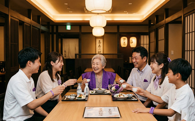 紫のちゃんちゃんこを着た77歳女性を囲む家族の喜寿祝い食事会
