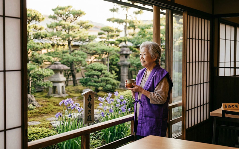 喜寿の庭で紫のストールを羽織りお茶を楽しむ77歳女性