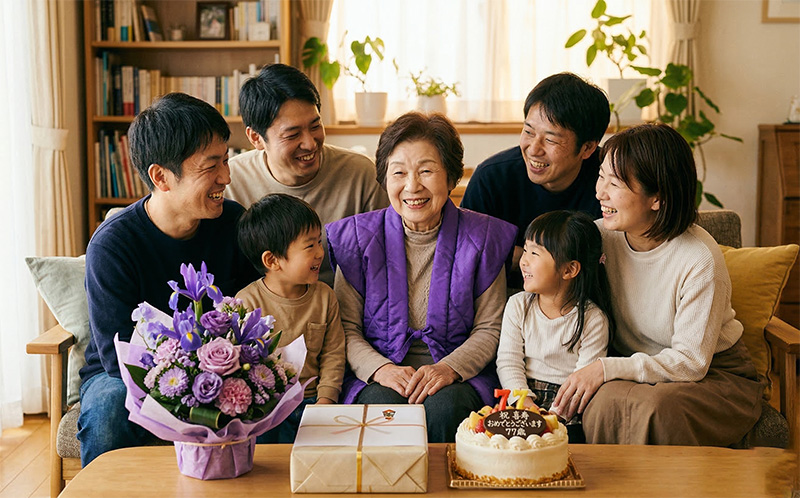 喜寿祝いで紫のちゃんちゃんこを着た77歳女性と家族の記念写真