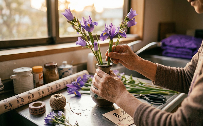 喜寿祝いの準備で紫の菖蒲と桔梗を花瓶に活ける女性の手元