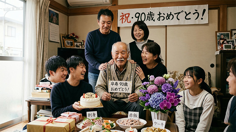 卒寿祝いの席でケーキと紫の花に囲まれた90歳男性と家族